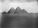 General view: Site: Giza; View: G III-a, G III-b, G III-c, Menkaure pyramid, Khafre pyramid, Khufu pyramid